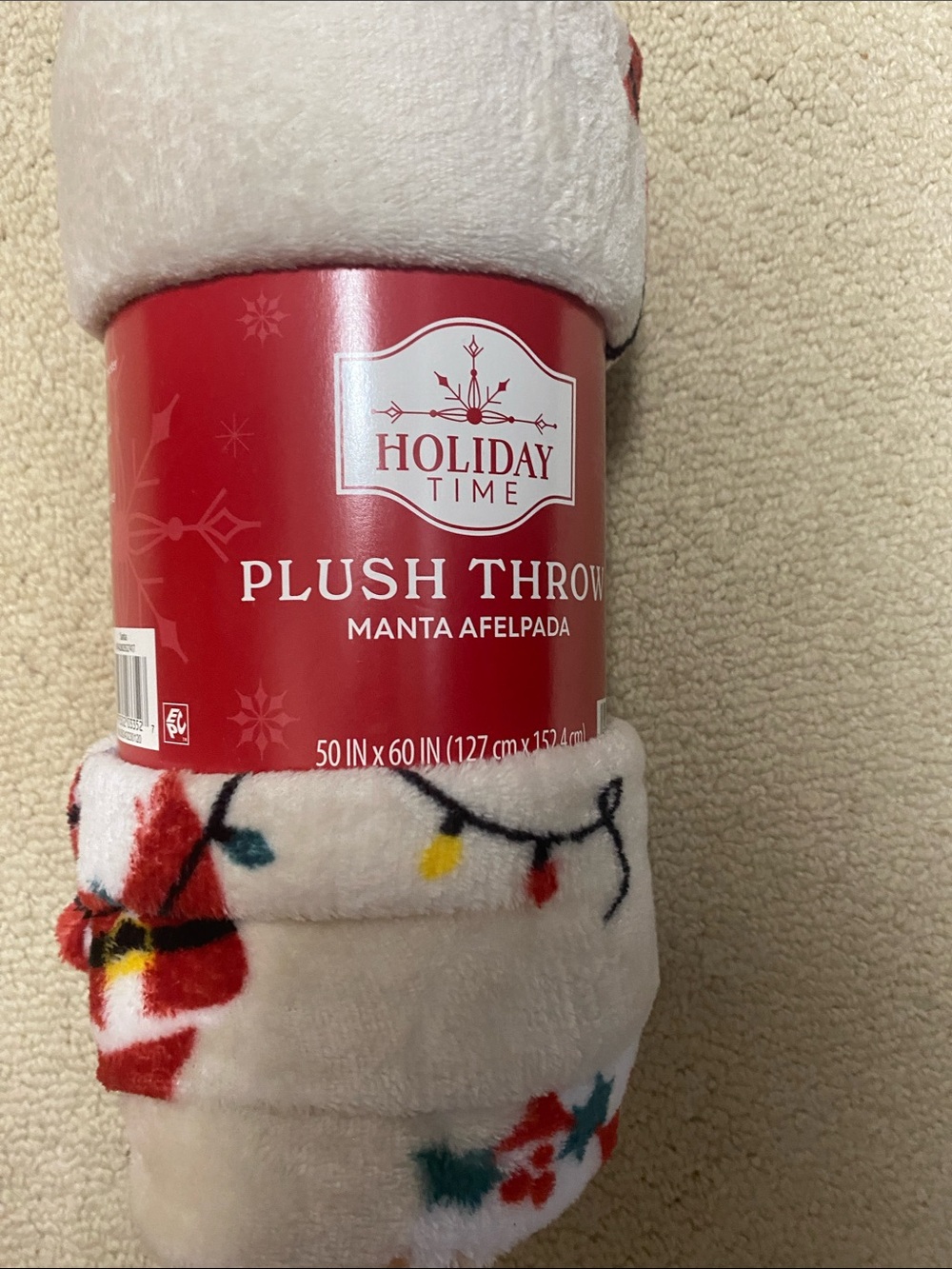Holiday Time White Plush Throw with Multicolored Light Print